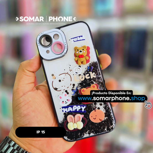 Funda Kawaii Para iPhone 15 Diseño 3D En Negro