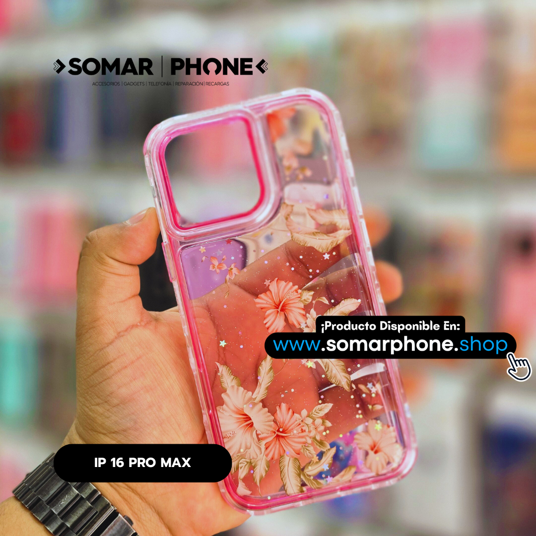 Funda Glitter iPhone 16 Pro Max Rosa Con Diseño De Flores